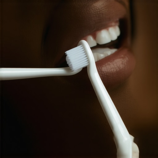 Dentist guiding a patient on gentle brushing around dental crowns and braces.