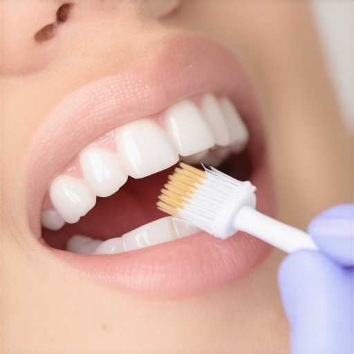 Dentist demonstrating gentle brushing around a dental crown with a soft-bristled brush