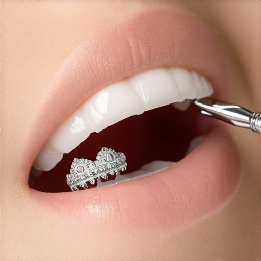 A dentist carefully placing a crown onto a patient’s tooth with precision