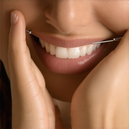 Hands demonstrating how to floss gently between teeth