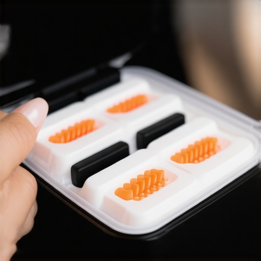 A dental professional arranging Invisalign trays into a case for safe storage during mealtime.