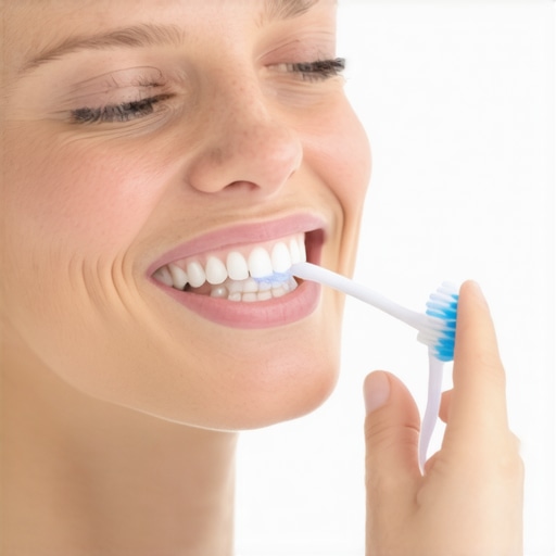 Person demonstrating gentle circular brushing technique with a soft toothbrush