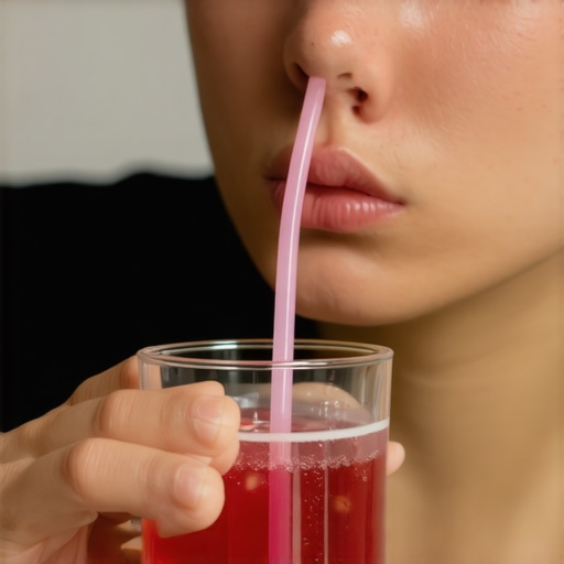 A silicone straw showing a person sipping a cold beverage softly