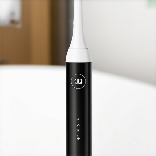 A modern electric toothbrush with app monitoring showing detailed brushing data.