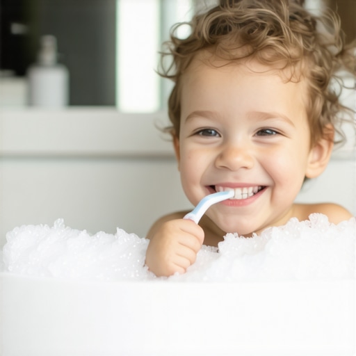 Child brushing teeth with parent, foam on face, in bright bathroom