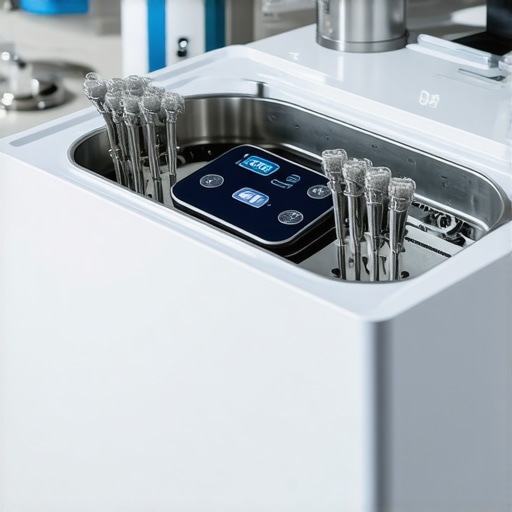 Close-up of a person's hand placing dental appliances into an ultrasonic cleaner for deep cleaning.