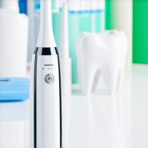 Close-up of ultrasonic scaler and sonic toothbrush used for dental care on a bathroom counter.