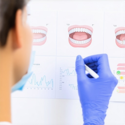 Dental professional explaining crowns and Invisalign to a patient with charts