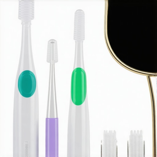 Advanced Dental Hygiene Tools Close-up of interdental brushes, ultrasonic water flosser, and magnifying mirror on bathroom countertop