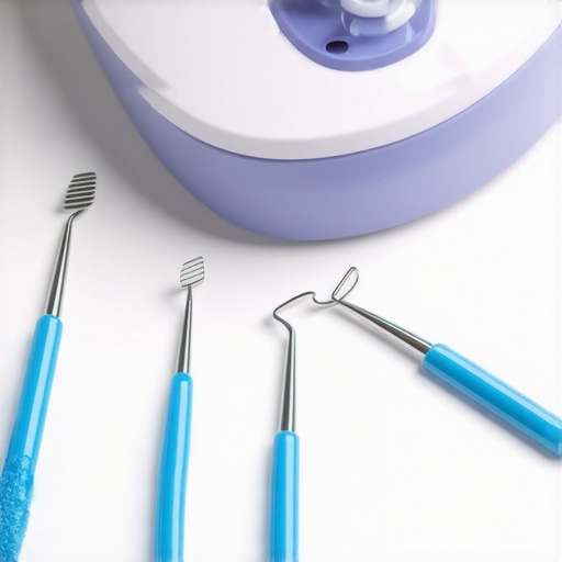 Ultrasonic dental cleaner and toothbrushes on a white surface