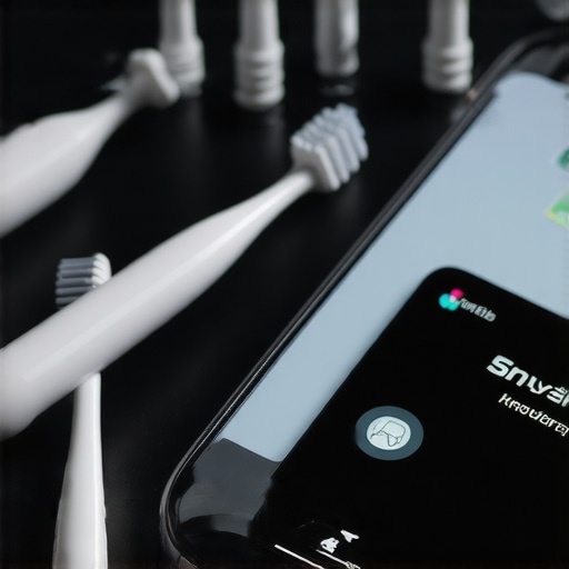 Advanced Dental Maintenance Tools Modern ultrasonic toothbrush, interdental brushes, and a smartphone showcasing a dental app for effective oral care.