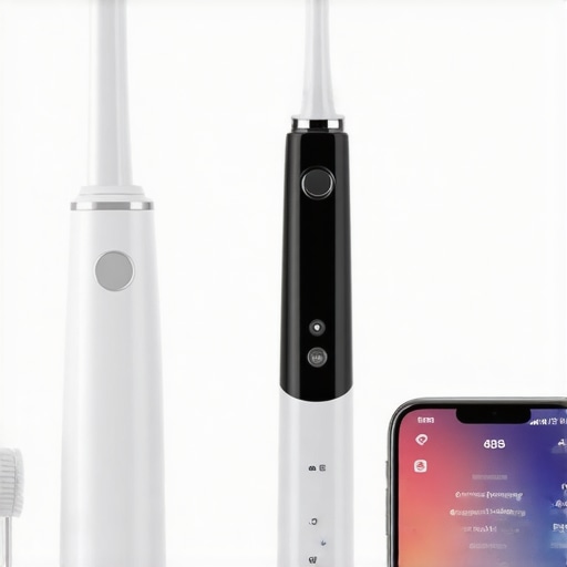 Modern dental tools such as an electric toothbrush, water flosser, and smartphone displaying dental care app
