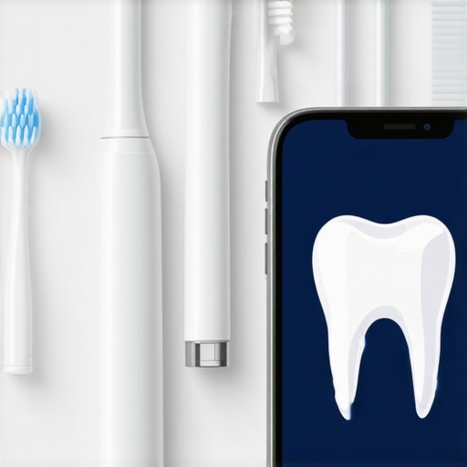 Advanced Dental Tools in Use Electric toothbrush and smartphone with dental care app on a clean bathroom counter.