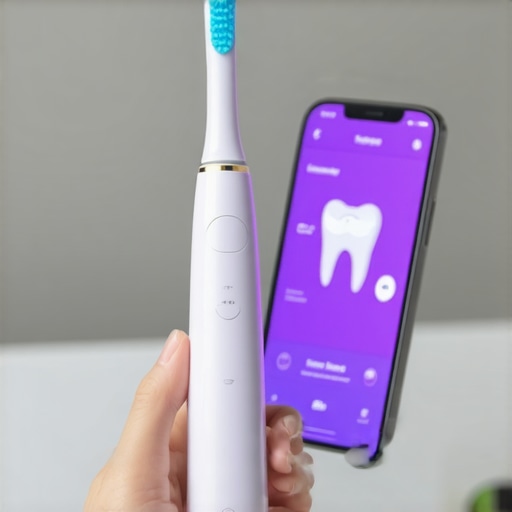 Person using electric toothbrush connected to a smartphone app