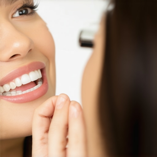 Person inspecting dental dentures for fit and comfort in front of a mirror.