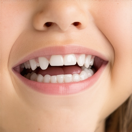 A child's mouth showing gaps between baby teeth during a dental exam