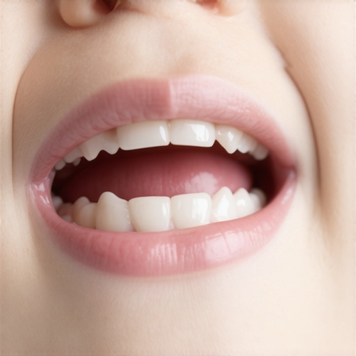 Close-up of child's mouth with new tooth appearing behind a baby tooth.