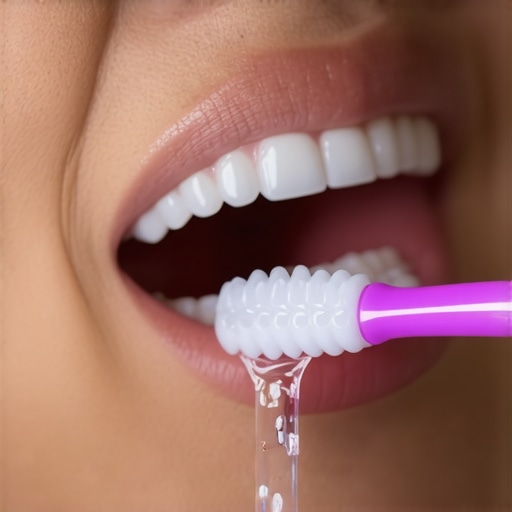 Person cleaning clear Invisalign trays with a toothbrush and cleaning solution.
