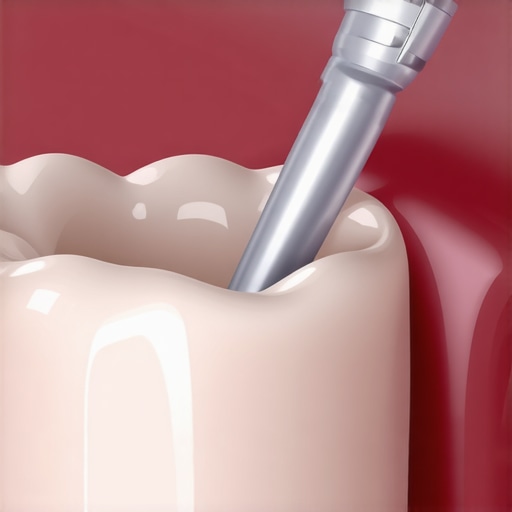 Dental Crown Adjustment in Progress Dentist smoothing a dental crown to eliminate sharp edges.