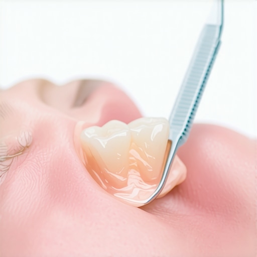 Dental Examination of Gums and Crown Dentist inspecting gums around a dental crown with a mirror.