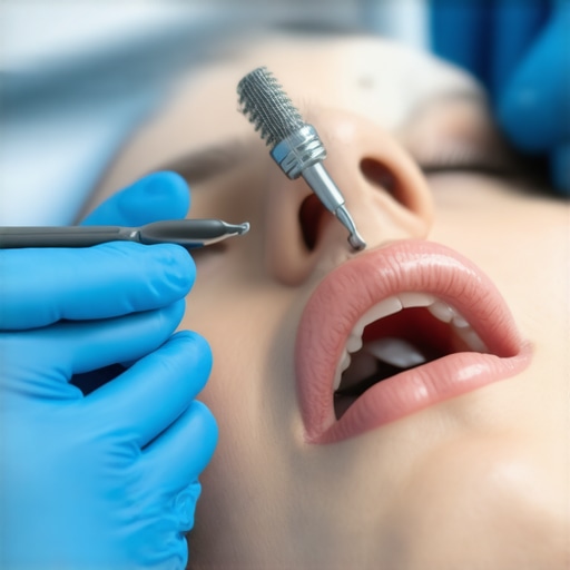 Dentist examining a patient's dental implant with specialized tools.