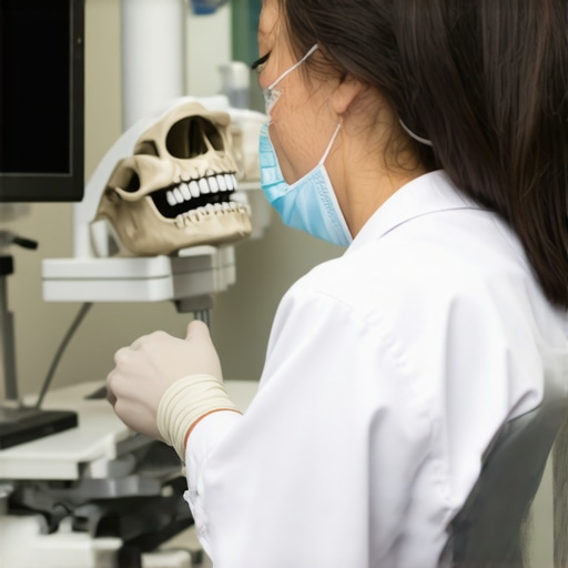 Dental Imaging of Jawbone Density Dentist analyzing a 3D scan of a patient's jawbone to evaluate bone health for implant support