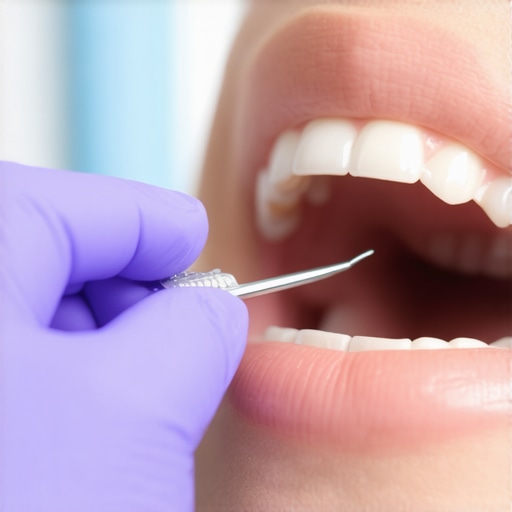 Dental Inspection for Metallic Taste Causes Dentist inspecting patient's dental crowns and gums for potential issues causing metallic taste