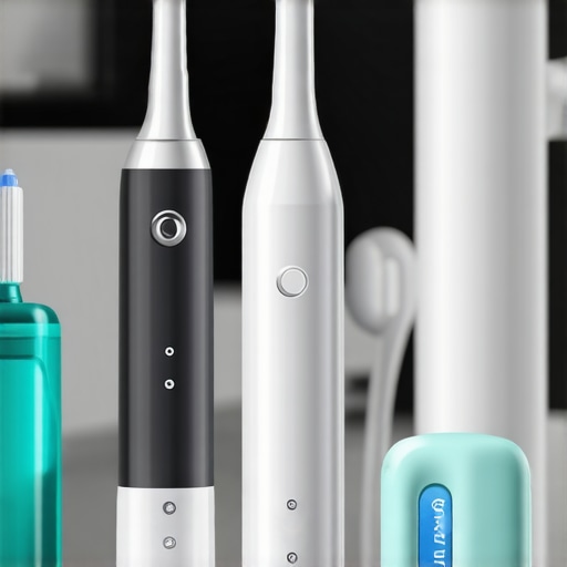 Dental Maintenance Tools for Longevity A collection of advanced dental tools including water flosser, sonic toothbrush, Invisalign cleaner, UV sterilizer, and mouth rinse on a bathroom countertop.