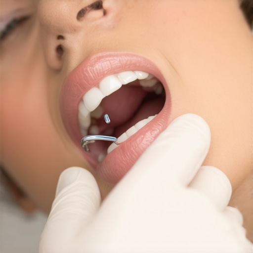 A dentist carefully adjusting a custom-fit night guard in a patient's mouth to reduce drooling.