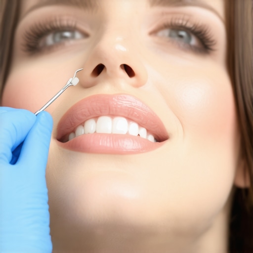 Dentist carefully polishing and adjusting a dental crown in a clinic setting.