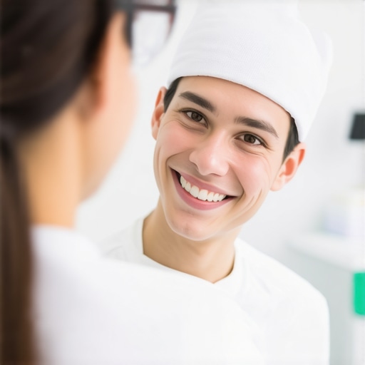 A dentist discussing crown choices with a patient in a dental office.