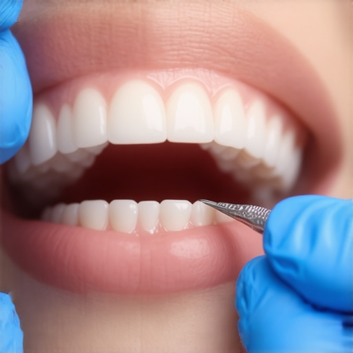 Dentist inspecting dental crown material Close-up of a dentist examining a dental crown in a patient's mouth