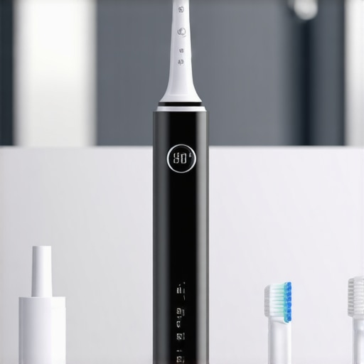 Digital Electric Toothbrush in Action A sleek modern electric toothbrush with a digital display and replaceable brush head on a bathroom counter.