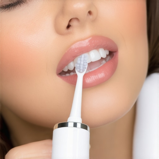 Person brushing teeth with electric toothbrush, highlighting oral care tools.