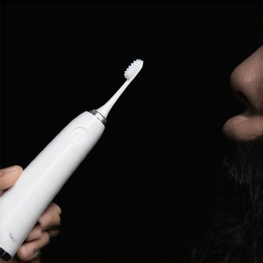 Effective Oral Hygiene Tools in Action Person brushing teeth with an electric toothbrush equipped with pressure sensors