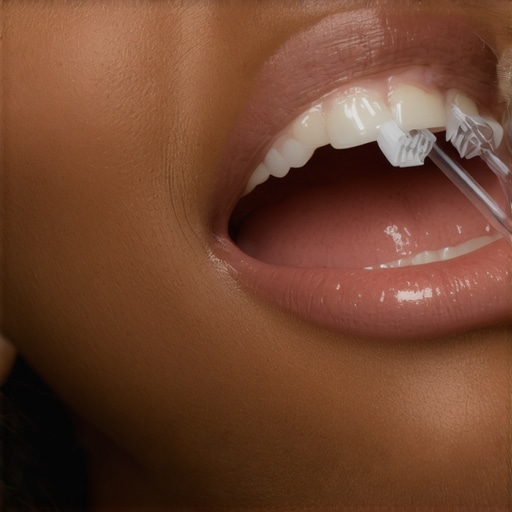 Effective Oral Hygiene Tools in Action Person demonstrating the use of sonic toothbrush and interdental brushes for maintaining dental work