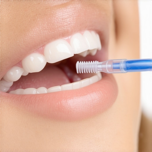 Effective Tools for Long-Term Dental Care Person cleaning around a dental crown with interdental brush, showcasing oral hygiene tools.
