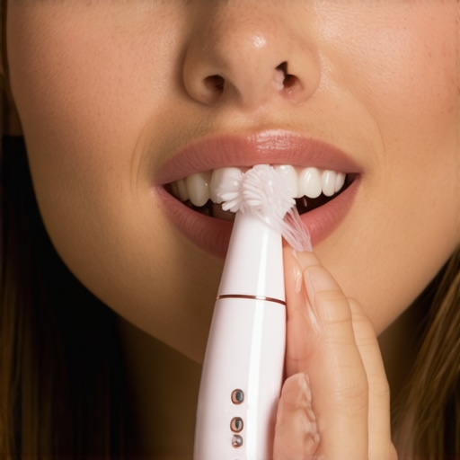 Effective Use of Sonic Toothbrush for Oral Maintenance Person brushing teeth with a Sonicare electric toothbrush in a well-lit bathroom