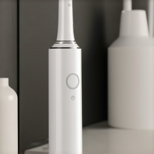 Electric Toothbrush in Use An electric toothbrush with a built-in timer and pressure sensor on a bathroom countertop.