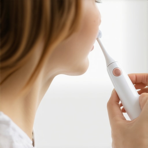 Electric toothbrush demonstrating pressure sensor technology Person brushing teeth with a pressure-sensitive electric toothbrush showing gentle brushing technique.
