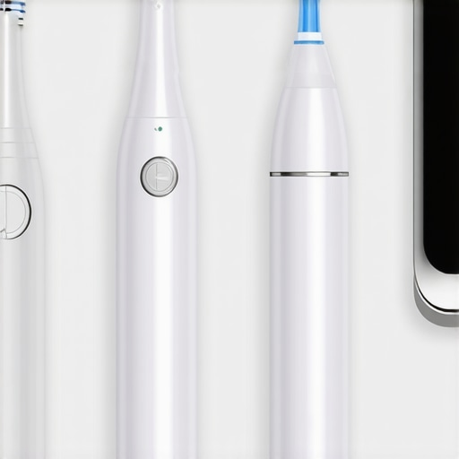 A set of advanced dental hygiene tools like sonic toothbrush, water flosser, and intraoral scanner on a white countertop.