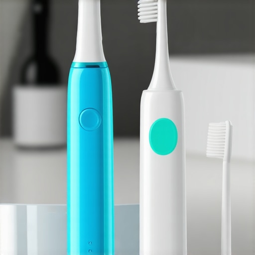 A sonic toothbrush and water flosser on a bathroom counter, representing tools for maintaining oral hygiene.
