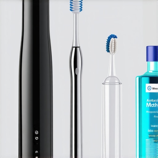 Essential Tools for Long-Term Oral Health Electric toothbrush, tongue scraper, and mouthwash on bathroom counter