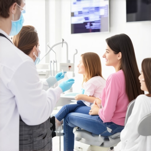 Expert Dental Consultation with Family Dentist discussing oral health with a family in a modern dental clinic.