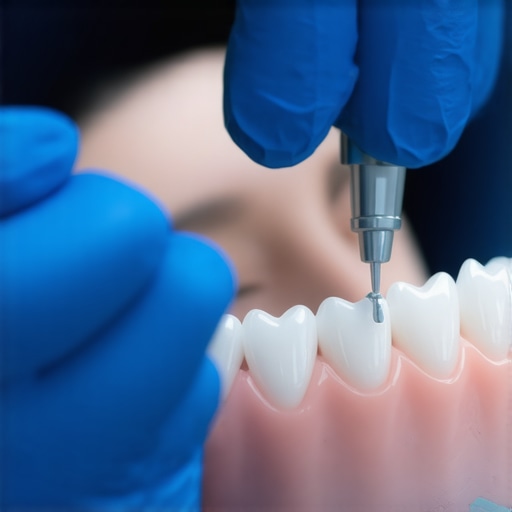 Dentist examining dental molds during crown fitting