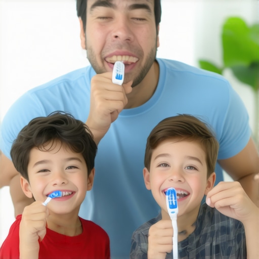 Family brushing teeth together to promote good oral health.
