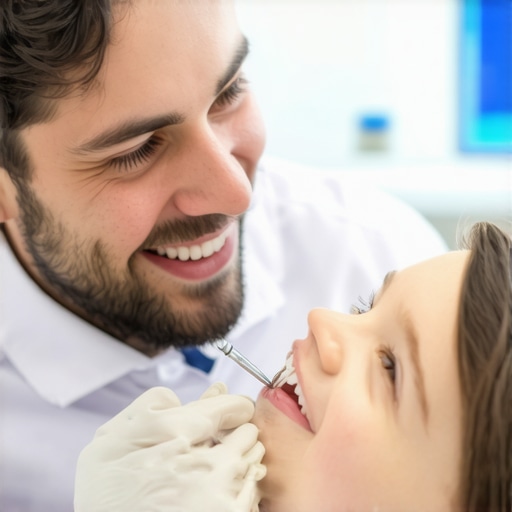 Family Dentist Examining Child's Teeth A dentist smiling while inspecting a young child's teeth during a routine check-up.