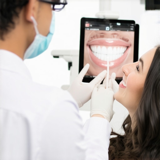 Dentist demonstrating digital smile analysis in a family dental clinic.
