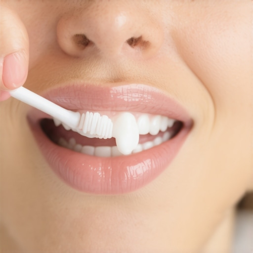 Dental professional demonstrating proper, gentle brushing method with soft toothbrush.