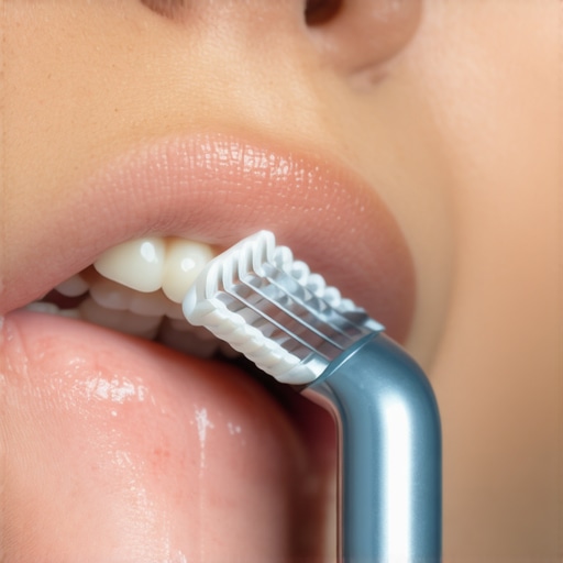 A soft silicone tongue scraper being used on a healthy tongue for fresh breath